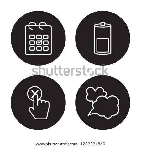 4 linear vector icon set : Check, Cancel, Charging status, Bubble speech isolated on black background, Check, Cancel, Charging status, Bubble speech outline icons