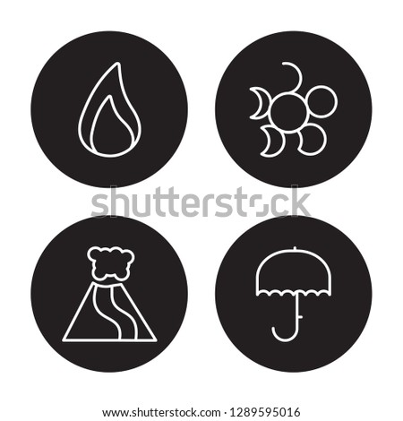 4 linear vector icon set : Waxing moon, Waning moon, Water drop, Volcano isolated on black background, Waxing moon, Waning moon, Water drop, Volcano outline icons