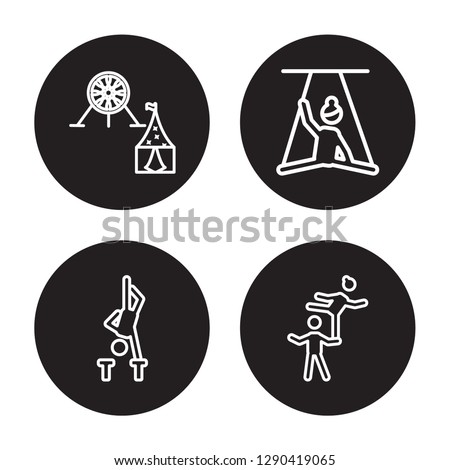 4 linear vector icon set : Amusement park, Acrobatics, Aerialist, Acrobat isolated on black background, Amusement park, Acrobatics, Aerialist, Acrobat outline icons