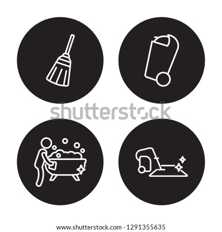 4 linear vector icon set : Broom, Bathtub cleaning, Bin, Carpet cleaning isolated on black background, Broom, Bathtub cleaning, Bin, Carpet cleaning outline icons