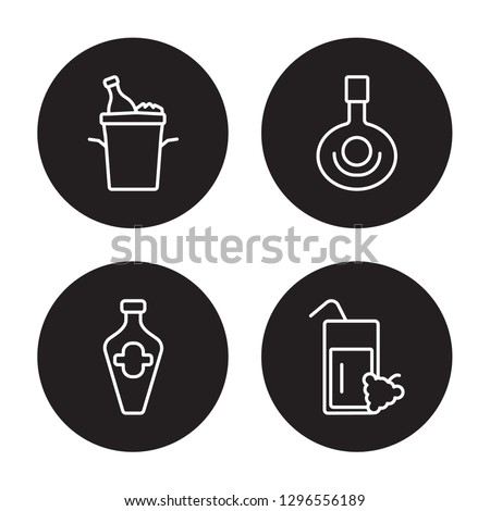 4 linear vector icon set : Ice bucket and bottle, Gin, Herbal liquor, Fruit juice isolated on black background, Ice bucket and bottle, Gin, Herbal liquor, Fruit juice outline icons