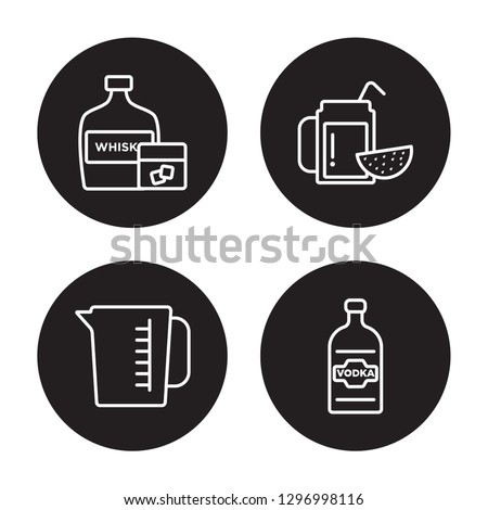 4 linear vector icon set : Whiskey, Water jug, Watermelon juice, Vodka isolated on black background, Whiskey, Water jug, Watermelon juice, Vodka outline icons