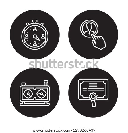 4 linear vector icon set : Chronometer, Chess clock, Choice, Certification isolated on black background, Chronometer, Chess clock, Choice, Certification outline icons
