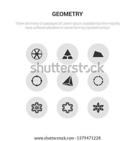 9 round vector icons such as star of six points, star ornament of small triangles, star ornament of triangles, synergy, tetrahedron contains transform, trapezium, triangle, triangle inside hexagon.