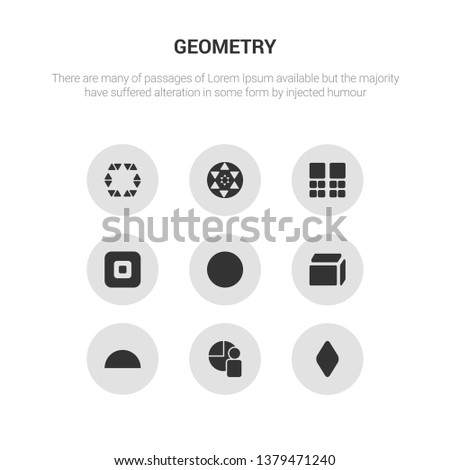 9 round vector icons such as rhombus, segment, semicircle, side to side of a cube, sphere contains square, squares, sri yantra, star in hexagon of small triangles. rhombus, segment, icon3_, gray