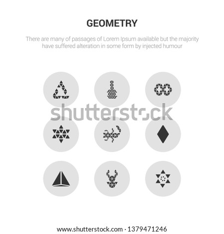 9 round vector icons such as polygonal ornament of hexagons and triangles, polygonal ornamental shape of triangles, polygonal pyramid of triangles, rhomb, scorpion contains star six points, synergy