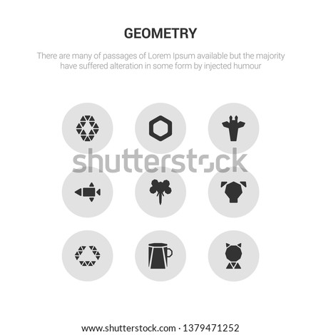 9 round vector icons such as polygonal cat, polygonal coffee cup, polygonal diamond shape of small triangles, dog, elephant contains fish shape of small triangles, giraffe, hexagon, hexagonal. cat,