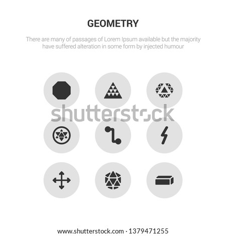 9 round vector icons such as hexahedron, icosahedron, intersection, lightning bolt polygonal, line segment contains metatron cube, multiple triangles inside hexagon, multiple triangles triangle,