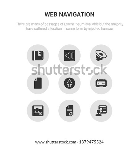 9 round vector icons such as account, add, add user, alarm clock, arrow contains attachment, audio, back, bookmark. account, add, icon3_, gray web navigation icons