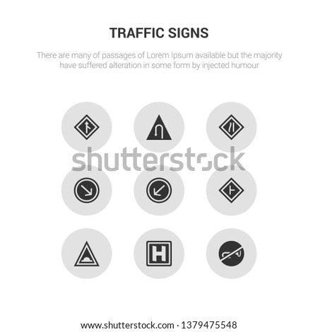 9 round vector icons such as horn, hospital, humps, intersection, keep left contains keep right, lane, left hair pin, merging. horn, hospital, icon3_, gray traffic signs icons