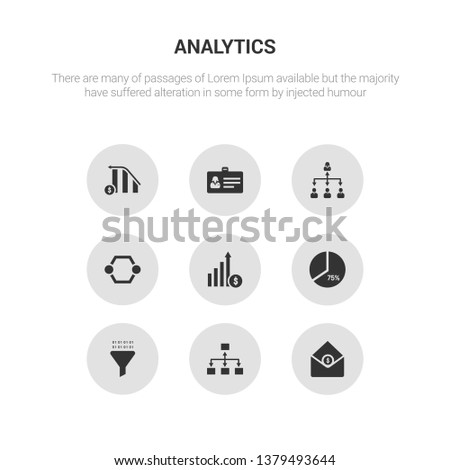 9 round vector icons such as email analytics, flow chart, funneling data, graph pie, growth contains hexagonal interconnections, hierarchy, id card, increasing stocks. email analytics, flow chart,