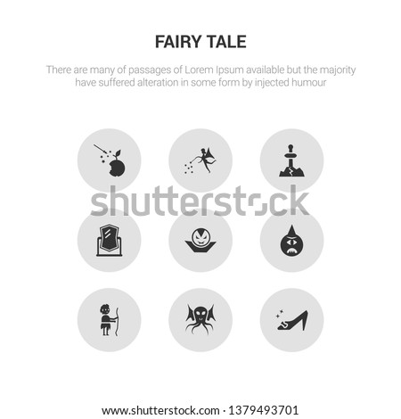 9 round vector icons such as cinderella shoe, cthulhu, curupira, cyclops, dracula contains enchanted mirror, excalibur, fairy, fairy tale. cinderella shoe, cthulhu, icon3_, gray fairy tale icons Imagine de stoc © 