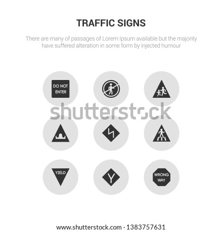 9 round vector icons such as wrong way, y intersection, yield, zebra crossing, zig zag contains hump or rough, school ahead, pedestrian prohibited, straight prohibitor no entry. wrong way