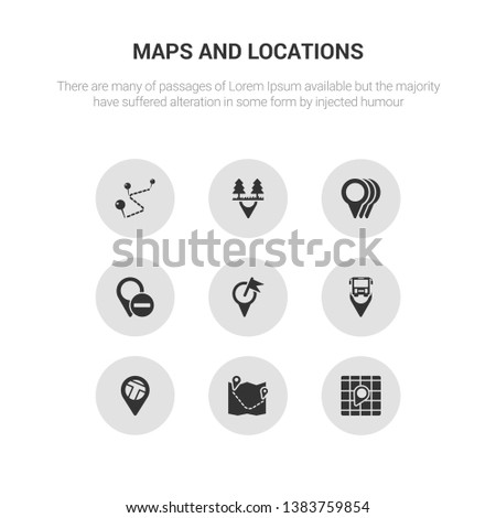 9 round vector icons such as locked place, map, map direction, map pin, transports contains marked place, minus location, motion, national park pin. locked place, icon3_, gray maps and locations