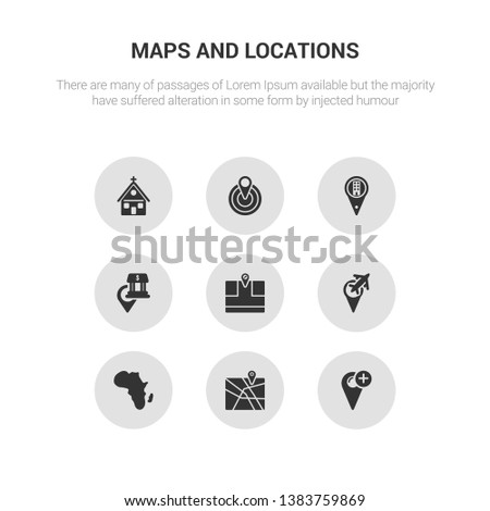 9 round vector icons such as add location, add to map, africa, airport pin, arrow on map contains bank pin, building pin, center, church. add location, to map, icon3_, gray maps and locations icons