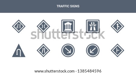 10 traffic signs vector icons such as intersection, keep left, keep right, lane, left hair pin contains merging, motorway, museum, narrow bridge, narrow lane. traffic signs icons