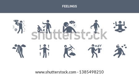 10 feelings vector icons such as lovely human, lucky human, mad human, meh miserable contains motivated nervous nostalgic ok old feelings icons