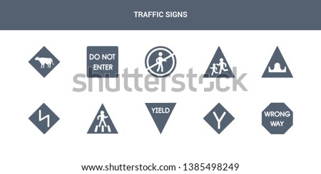 10 traffic signs vector icons such as wrong way, y intersection, yield, zebra crossing, zig zag contains hump or rough, school ahead, pedestrian prohibited, straight prohibitor no entry, cattle.