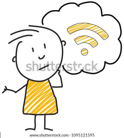 stick man standing and thinking bubble expression illustration yellow wlan network wireless symbol