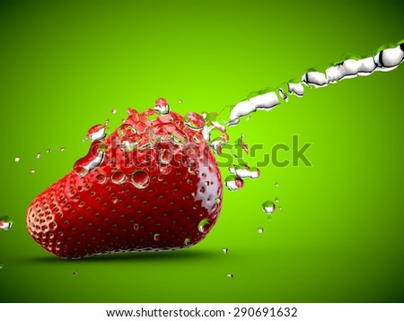Strawberry water splash fruit fresh healthy green 3D