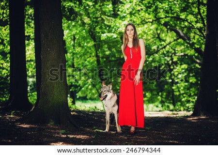 Portrait fashionable girl in red dress with a wolf-dog. Fashion photo