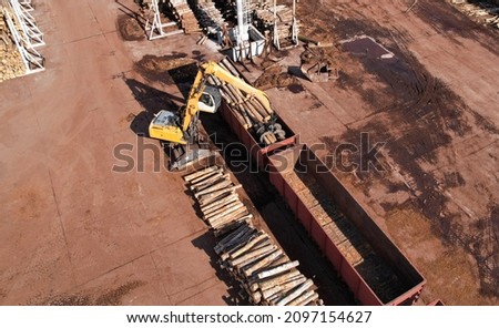 Excavator with log grab crane unloads timber from freight car. Crane with claw loads logs onto log train for lumber mill. Illegal logging and timber export. Wood Machine and Log Grabbing. Stockfoto © 