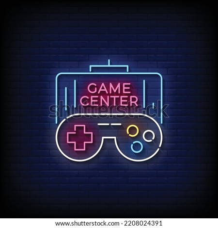 Neon Sign game center with Brick Wall Background vector