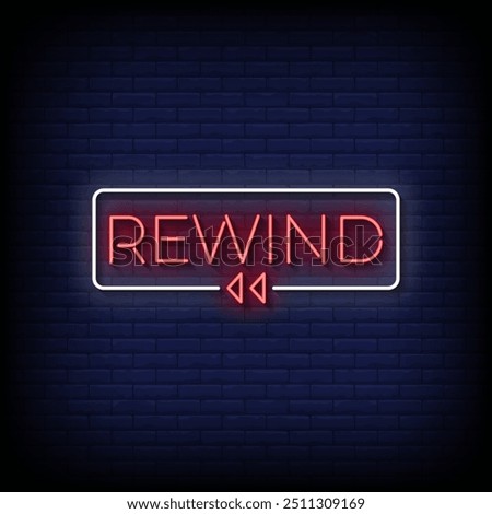 rewind neon sign vector with brick wall background 