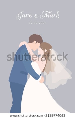 Bride in white dress and Groom in navy blue suit holding each other for their wedding ceremony invitation card vector couple characters on gray background.