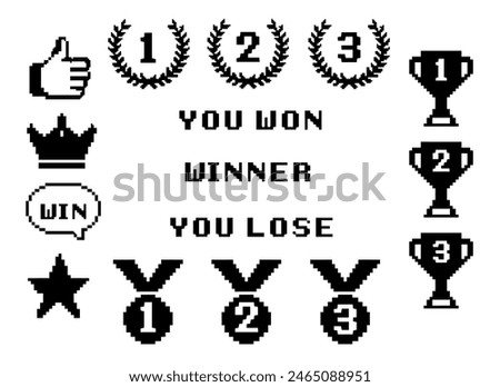 8bit awards icons in pixel Y2k retro style. Winner cups, medals, trophy pixel art set and text: you won, winner, you lose. Achievement reward, first, second and third place prizes