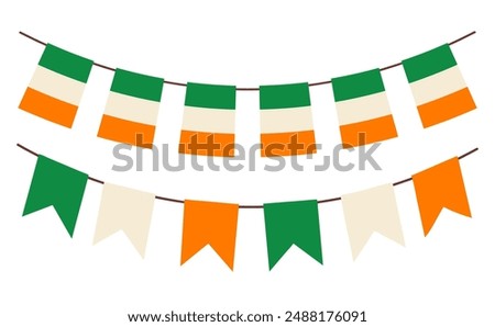 Ireland flags on the ropes. Irish flags garland, bunting garland with Irish flags. St. Patricks Day. Vector illustration, isolated on white background.