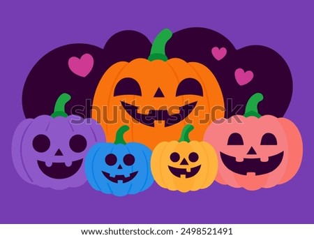 Halloween pumpkins with smiling faces and hearts, ready for festive fall decorations, party invitations and seasonal designs. Vector illustration of cute, happy jack-o'-lanterns on purple background.