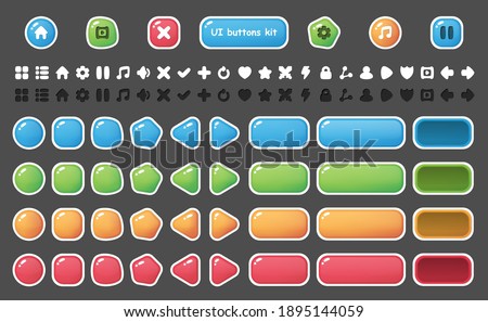 UI buttons icons set. Isolated vector illustration of mobile game sprites. Design for stickers, logo, mobile app. Arcade or match 3 2d game asset. Flat sprite sheet. Constructor with basic ui elements