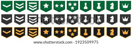 Collection of flat rank icons in shapes. Perfect for rank system in a game or app. Set with 3 types: on fabric, silver and gold