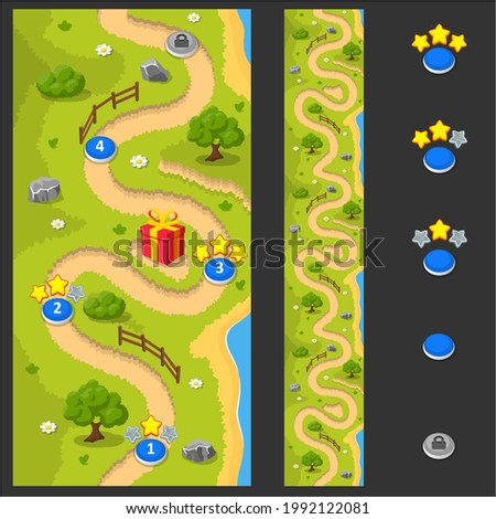 Seamless map for a mobile game. Vertical seamless background map pattern for arcade, match 3 or any other app. Sprite asset with level map for game development. Design of plain grass map