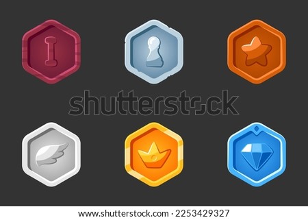 Rank icons set. Isolated vector illustration of mobile game sprites. Design for stickers, logo, mobile app. Arcade or match 3 2d graphics game asset. Flat rank sprites sheet.