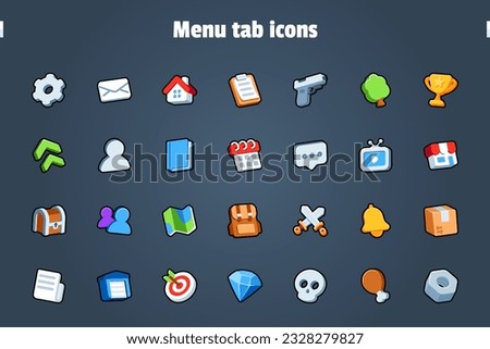 Isolated flat 3d menu tab navigation icons for game, interface, sticker, app. The sign in a cartoon style for match 3, arcade, rpg. The sprite for craft element in hyper casual mobile game