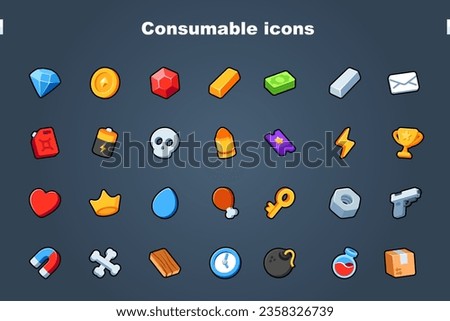 Consumable icon icons set. Isolated vector illustration of mobile game sprites. Design for stickers, logo, mobile app. Arcade or match 3 2d graphics game asset. Flat 3d item sprites sheet.