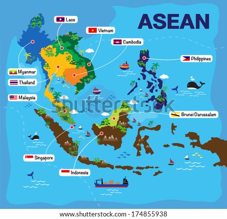 Cartoon map of ASEAN, asian