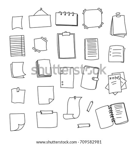 Set of vector hand-drawn stationery. Black and white doodle notebooks, to do lists, notepads, paper notes and sheets of paper. 