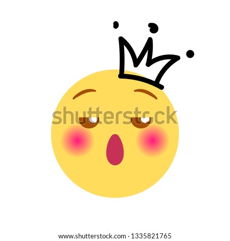 Vector illustration, yellow round emoji. With hand drawn black marker doodle detail: crown sign. Isolated on white background. Ideal for high self esteem, pride, self love and other concepts.