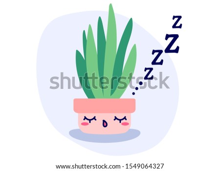 Kawaii cute vector potted sleeping plant in flat style. Can be used for greeting cards or posters or interior design elements, stickers, hygge illustrations or insomnia leaflets etc.