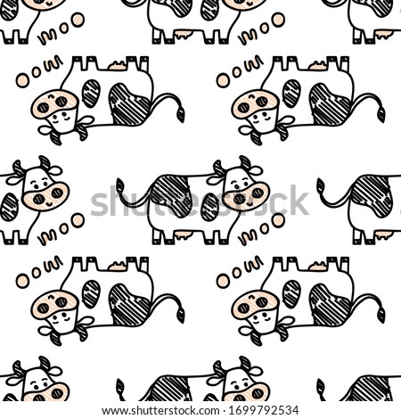 Vector smiling standing cow pattern with Moo lettering. Seamless cute design in sketch doodle or marker style, black outline. For textile prints, wrapping paper, packages etc.