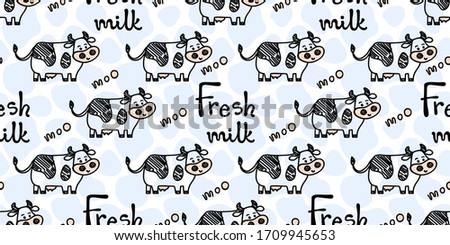 Vector smiling standing cow pattern on a spot background with Fresh milk and Moo lettering. Seamless, sketch doodle or marker style with outline. For textile prints, wrapping paper, milk packages etc.