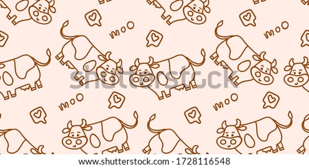 Seamless vector cute Friesian cow pattern in line doodle style with Moo lettering. Brown and pastel beige colors. For beef or fresh milk packages or farm concepts, fabric textile prints or backgrounds