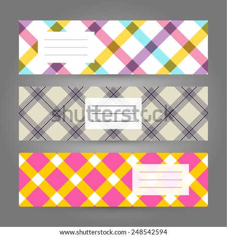 Set of Horizontal Tartan Banners. Abstract Geometric ornaments. Illustration for print, flyer or leaflet. Simple design for invitation, postcard or poster.