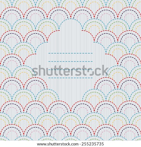 Traditional Japanese Embroidery Ornament with stylized fish scales and text frame. Sashiko motif. Arcs and half circles. Abstract backdrop. Needlework texture. Can be used as seamless pattern.