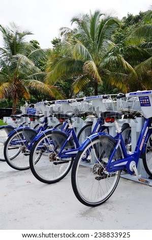 FORT LAUDERDALE - SEPTEMBER 2014 - Broward B-Cycle shared bikes are lined up in the streets of Fort Lauderdale, Florida.