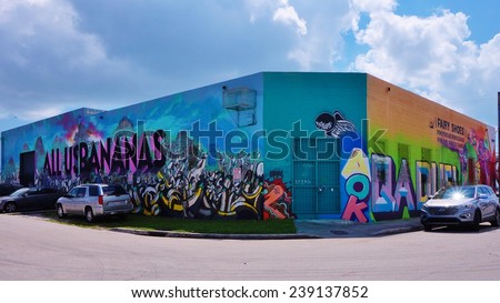 MIAMI, FLORIDA --SEPTEMBER 2014-- Colorful graffiti art line the street walls and back alleys of Miami, Florida, especially in the Wynwood Walls neighborhood.