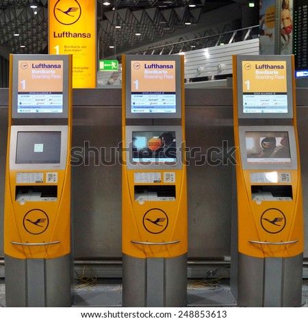 FRANKFURT, GERMANY --22 JANUARY-- 2015 Lufthansa (LH) self-service check-in kiosks are lined up at the Frankfurt Airport (FRA), the busiest airport in Germany.